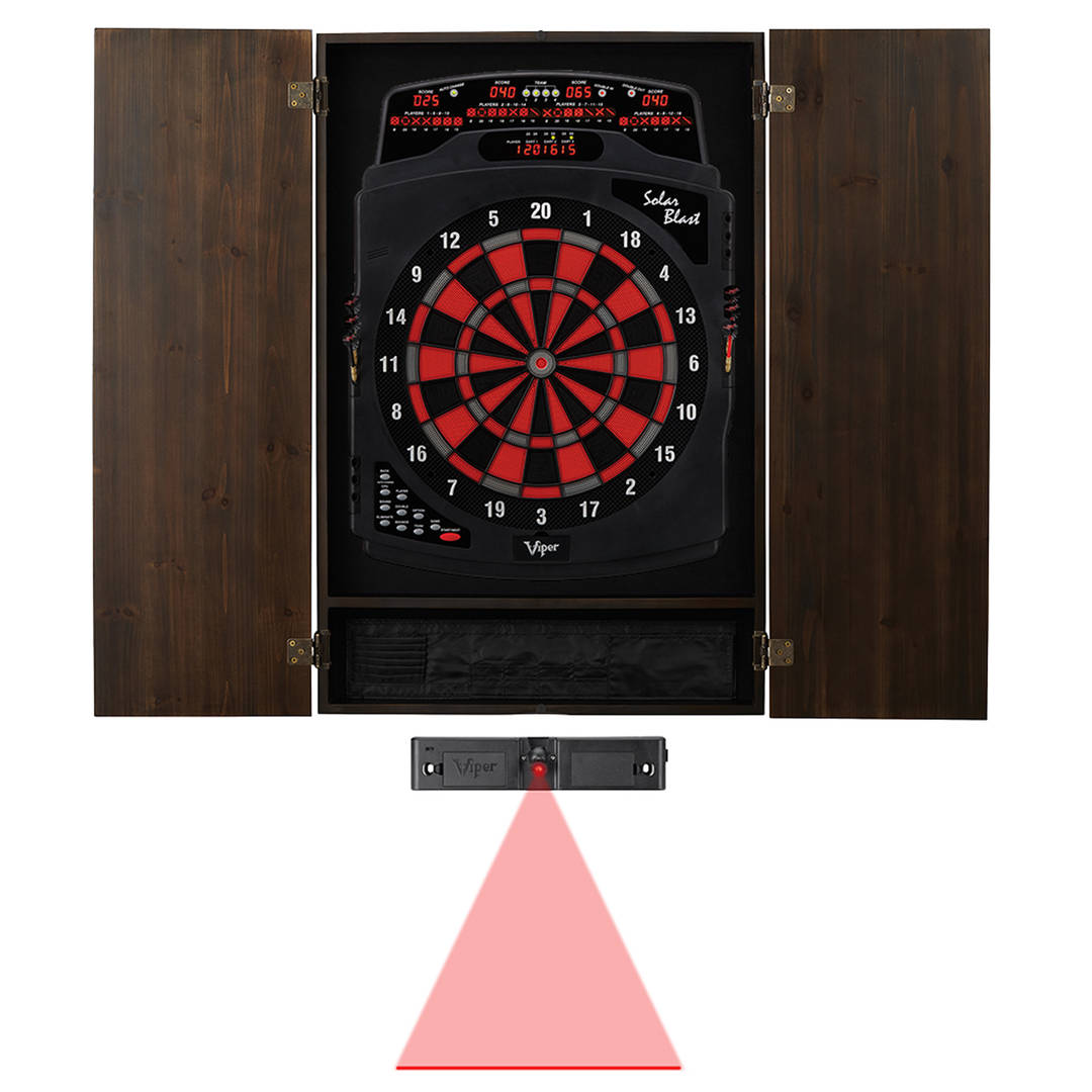 Viper Metropolitan Espresso Soft Tip Dartboard Cabinet, Viper Solar Blast Electronic Dartboard, and Throw Line Light