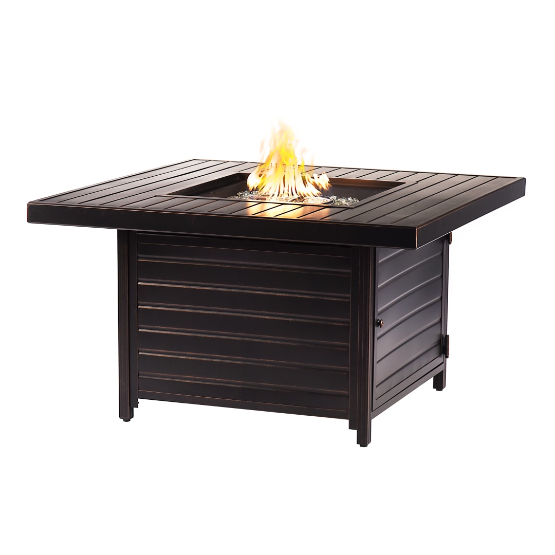 Square 42 in. x 42 in. Aluminum Propane Fire Pit Table with Glass Beads, Two Covers, Lid, 55,000 BTUs in Copper Finish