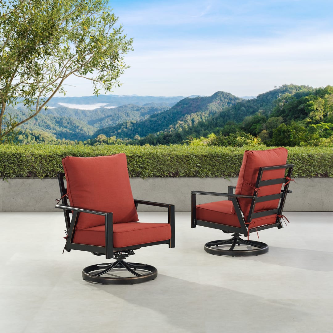 Pair of Black Aluminum Patio Deep Seating Swivel Rocker Club Chairs with Cushions