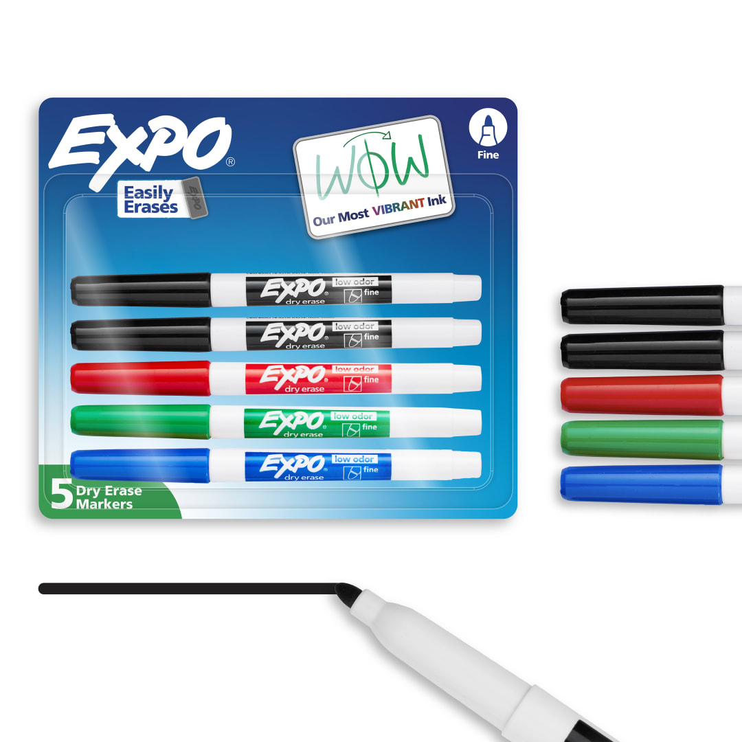 EXPO Dry Erase Markers, Low Odor Ink, Assorted Colors, Fine Tip, 5 Count