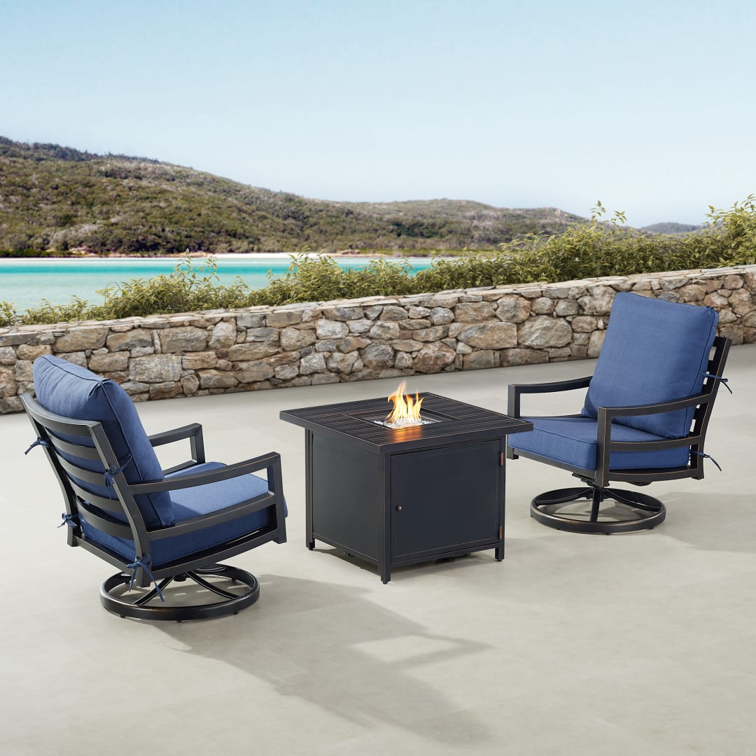 Black Aluminum Patio Fire Table Bistro Set with Two Club Chairs