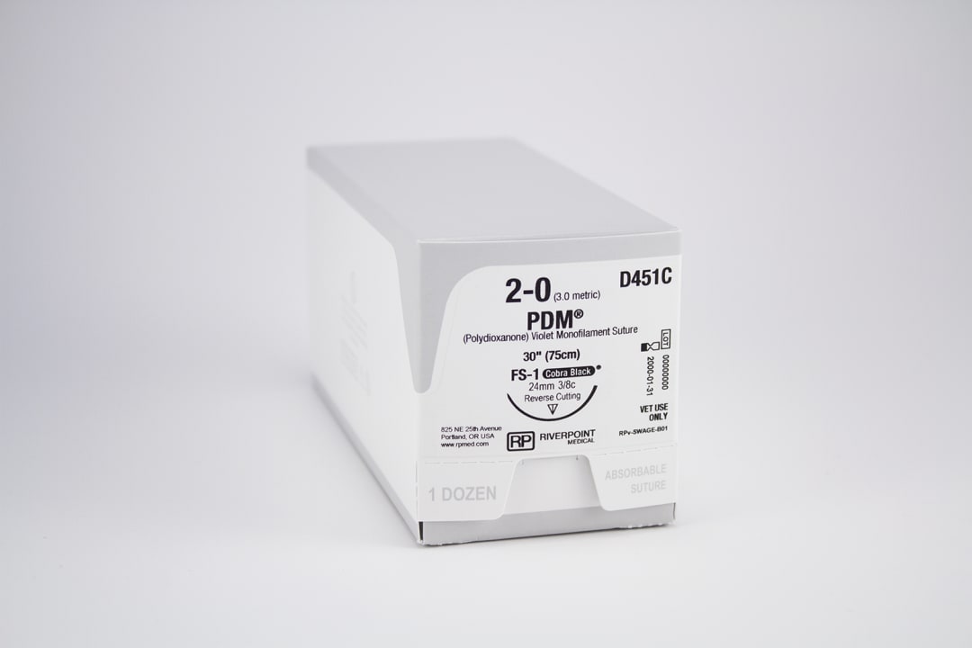 PDM PDO Suture, USP 2-0 with 24mm FS-1 Reverse Cutting 3/8 Circle Cobra Black Needle, Violet, 75cm, Sterile