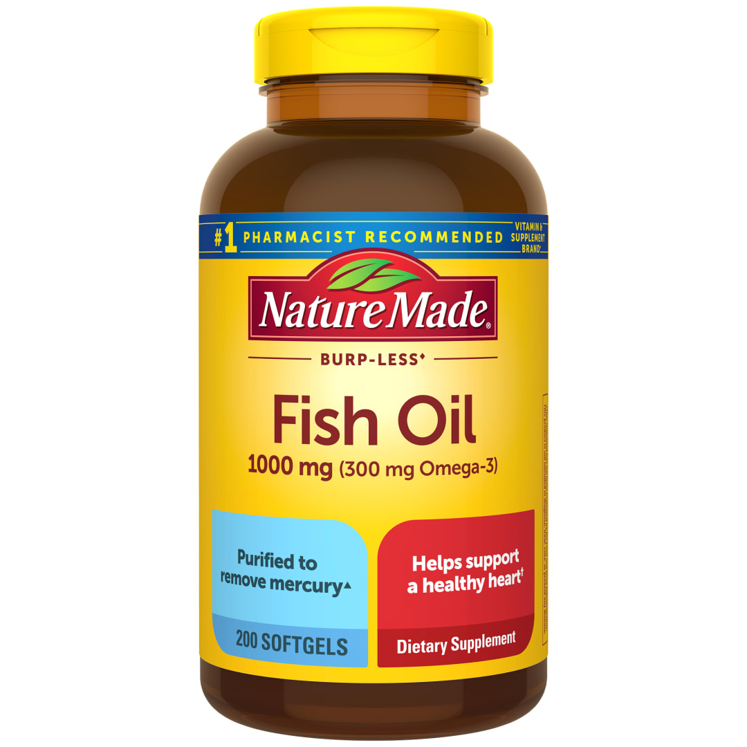 Nature Made Burp Less Fish Oil 1000 mg Softgels, Fish Oil Supplements, Omega 3 Fish Oil for Healthy Heart Support, Omega 3 Supplement with 200 Softgels, 100 Day Supply
