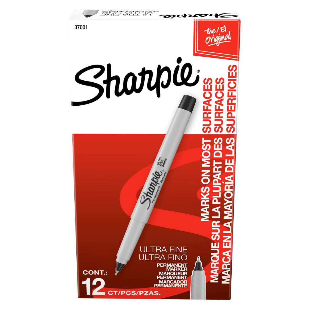 Sharpie® Permanent Markers, Ultra Fine Point, Black, 12 Count