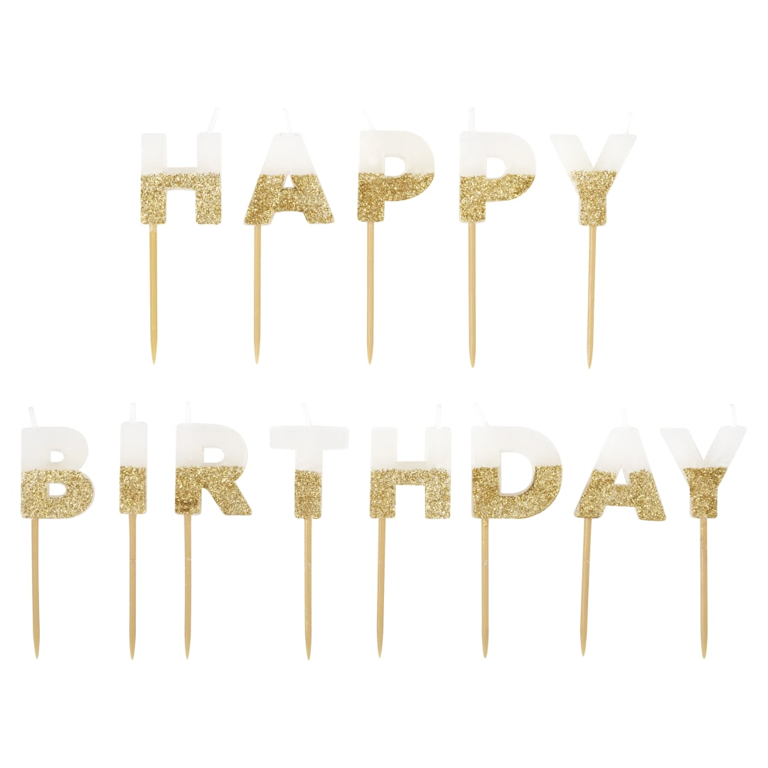 Gold Glitter Dipped "Happy Birthday" Pick Candles