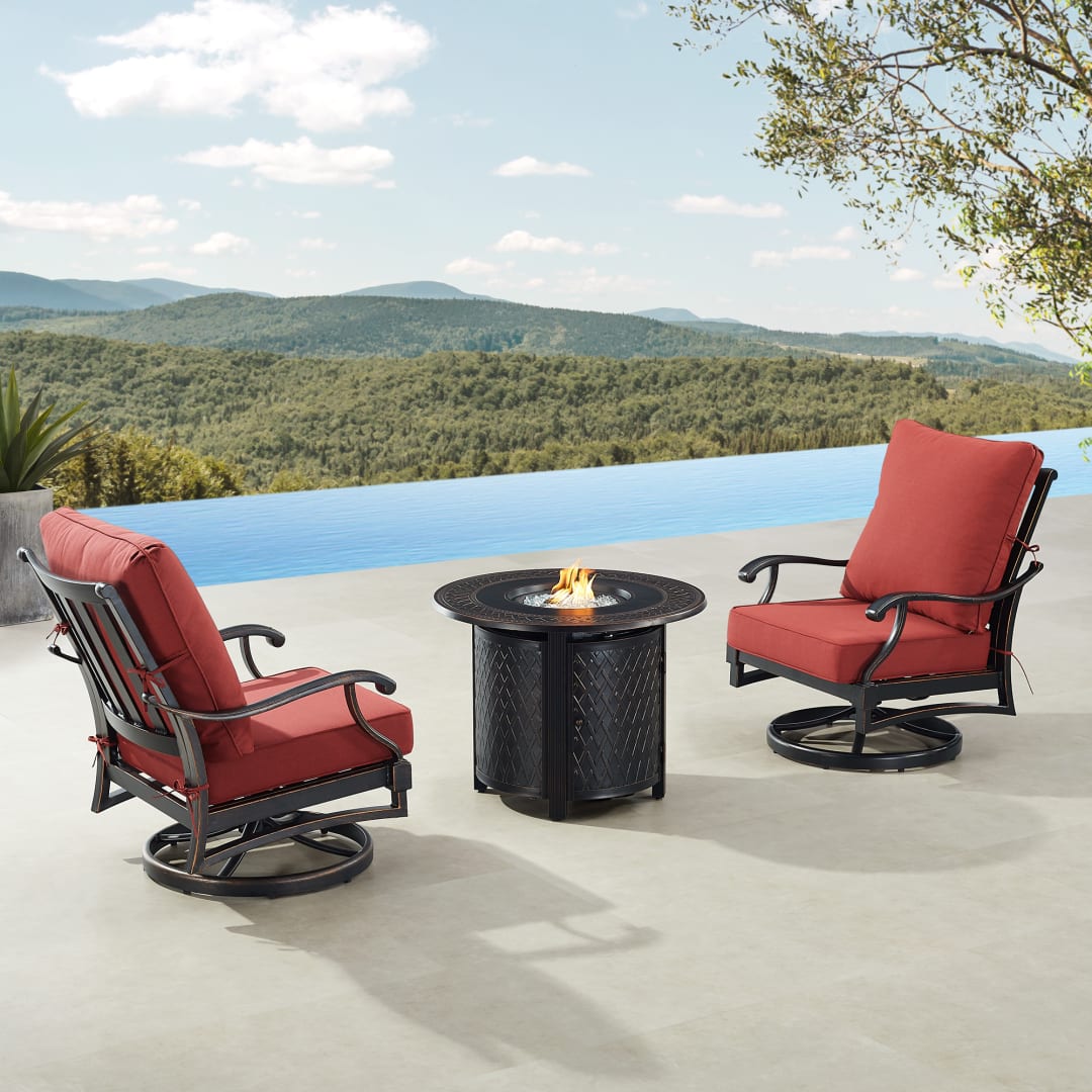Black Aluminum Patio Fire Table Bistro Set with Two Club Chairs