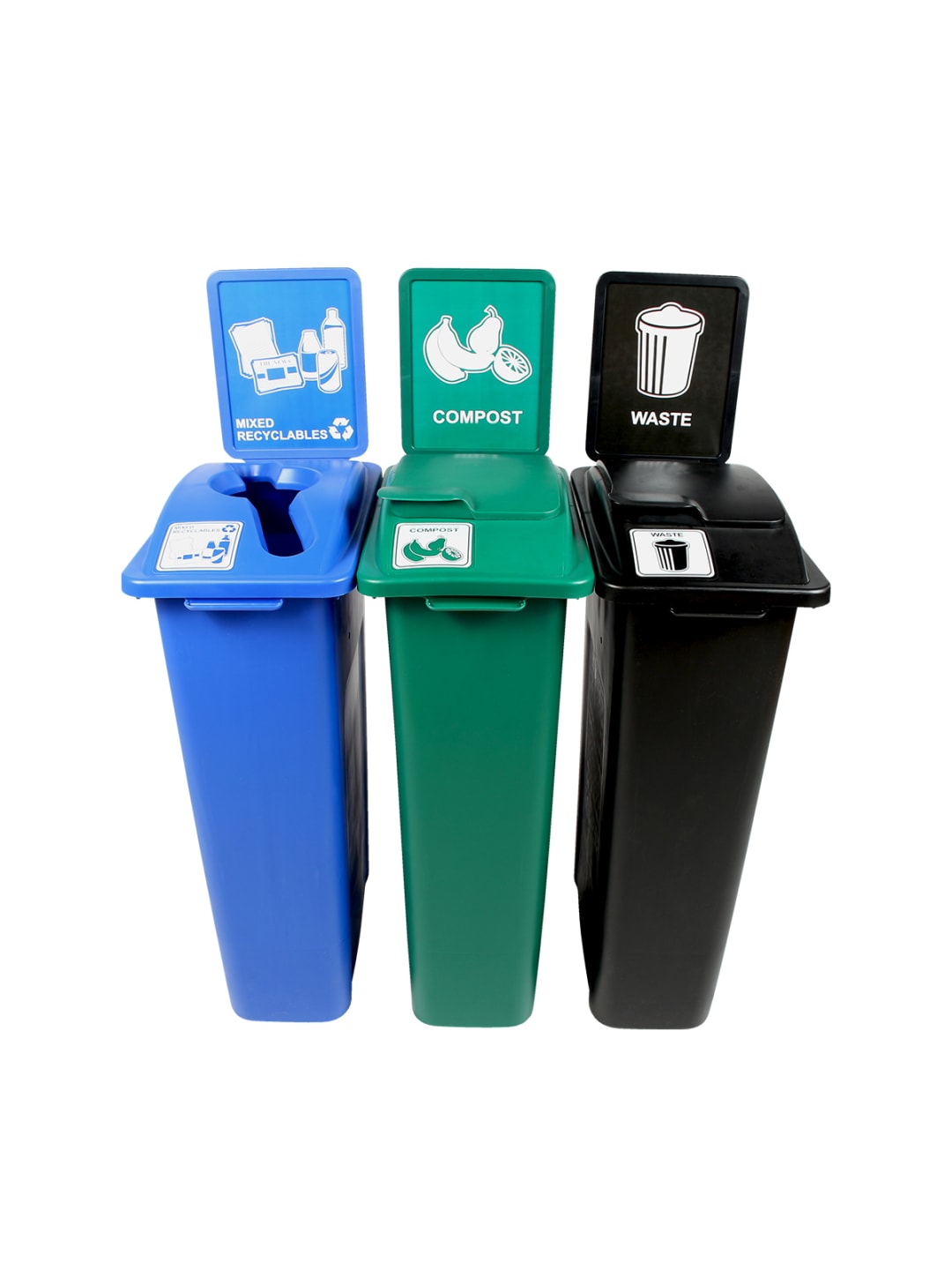 WASTE WATCHER - Triple - Kit - Mixed Recyclables-Compost-Waste - Mixed-Solid Lift-Solid Lift - Blue-Green-Black