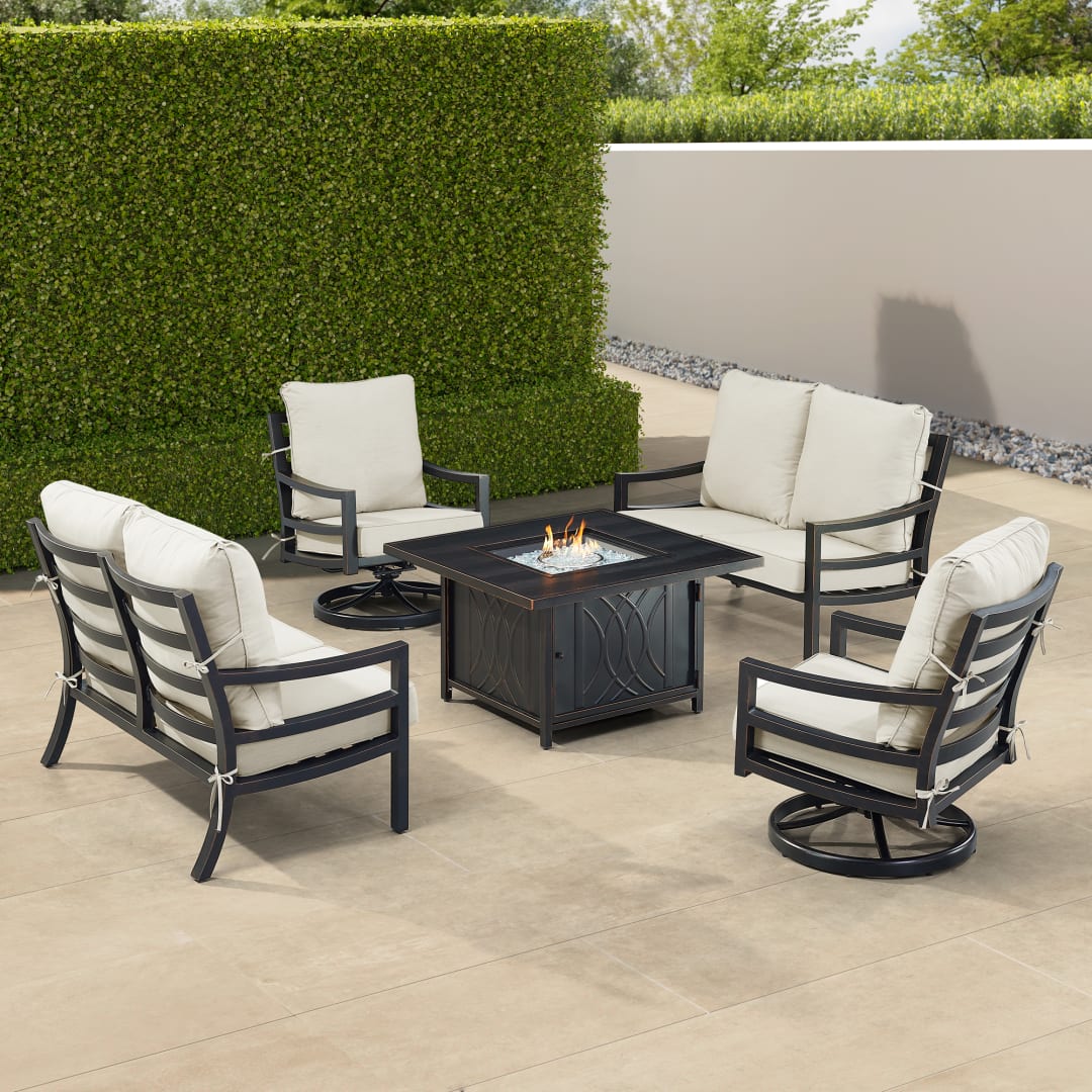 Black Aluminum Patio Fire Table Set with Two Deep Seating Loveseat with Cushions and Two Club Chairs