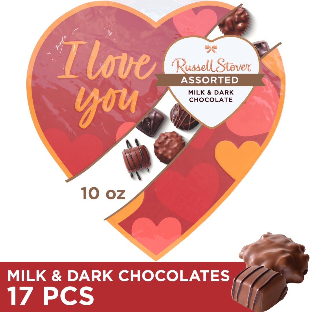 RUSSELL STOVER Valentine's Day "I LOVE YOU" Heart Assorted Milk & Dark Chocolate Candy Gift Box, 10 oz.