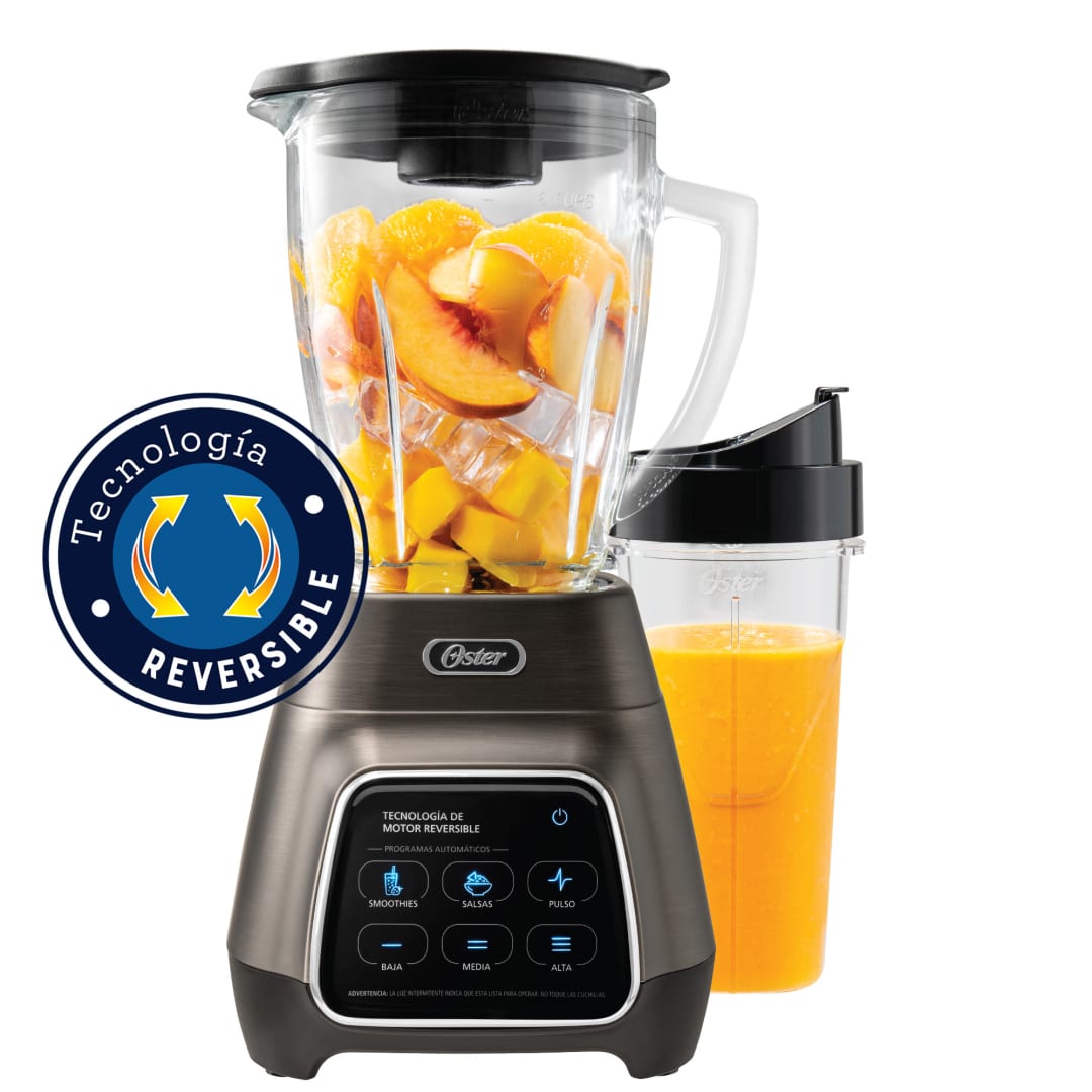 Oster® Licuadora, con Tecnología Reversible y Pantalla Táctil, 3 Velocidades y 2 Programas automáticos, 1000 W, Incluye un vaso Blend-N-Go, Plateada, BLSTPYG1312XBG