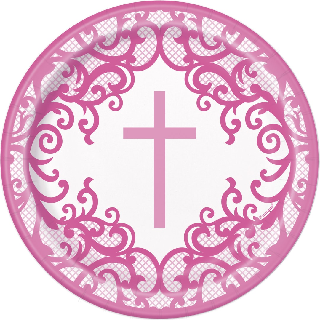 Fancy Pink Cross Round 7" Dessert Plates, 8ct