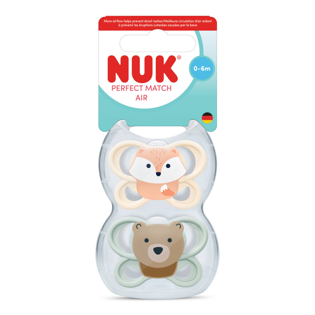 Sucettes ares pour bb NUK Perfect Match, 0 6mois, sucettes orthodontiques qui encouragent le flux de lair et prviennent lirritation due la salive, 95% dacceptation des bbs**, ours et renard, 2pices
