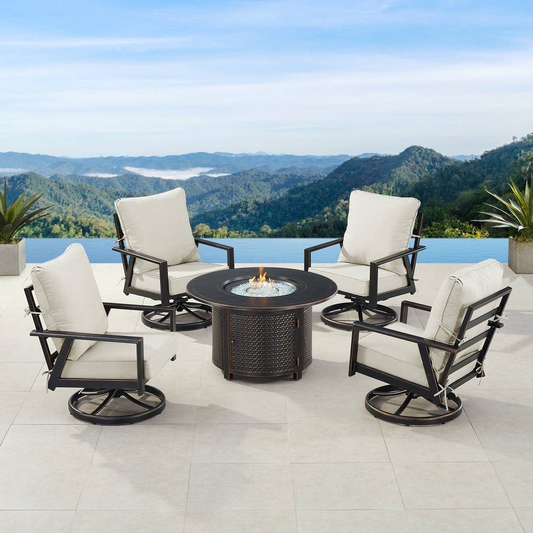 Black Aluminum Patio Fire Table Set with Four Club Chairs