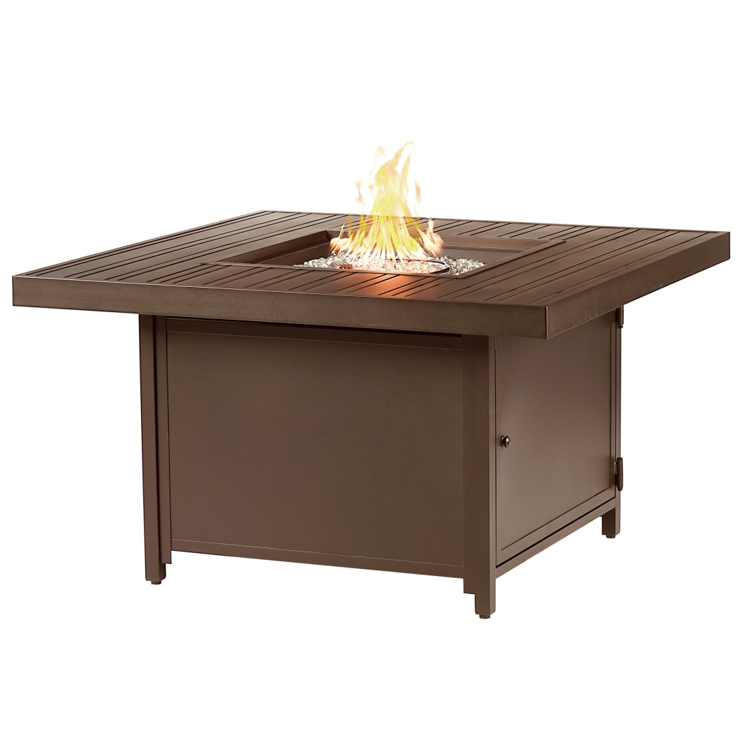 Square 42 in. x 42 in. Aluminum Propane Fire Pit Table with Glass Beads, Two Covers, Lid, 55,000 BTUs in Brown Finish