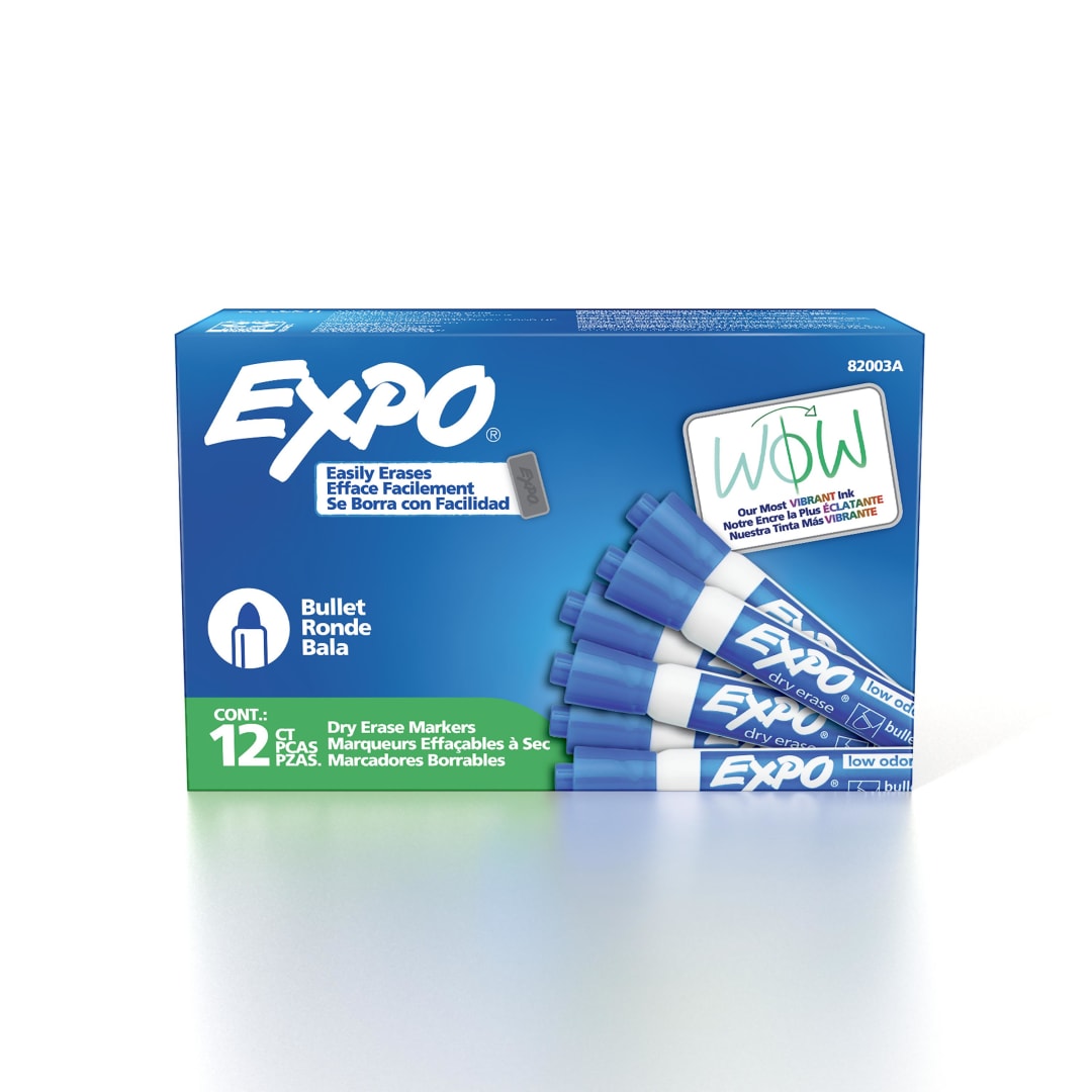 EXPO Dry Erase Markers, Low Odor Ink, Blue, Bullet Tip, 12 Count