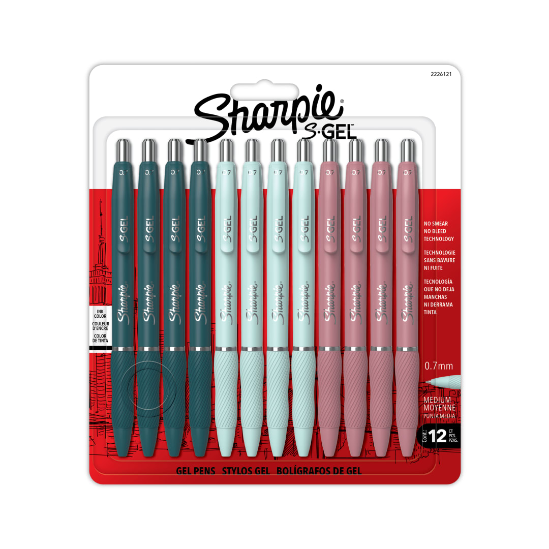 Sharpie S-Gel, Gel Pens, Medium Point (0.7mm), Assorted Fashion Barrels, Black Ink, 12 Count