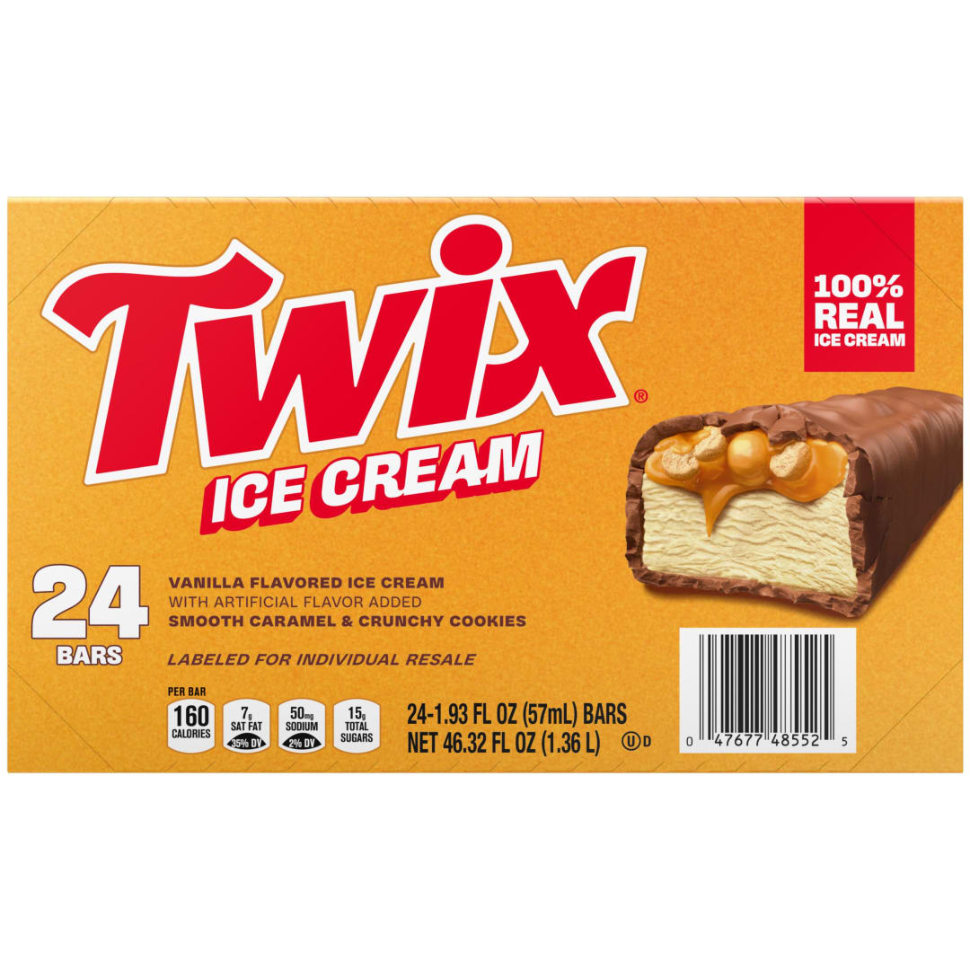 TWIX Ice Cream Bars Vanilla Caramel Chocolatey Cookie Dessert Bar Individually Wrapped Bulk, 24 Pack, 1.93 Oz Bars