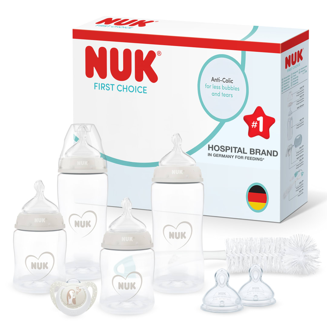 NUK First Choice Perfect Start Set de Biberones para Recién Nacidos | 0-6 Meses | 4 Biberones Anticólicos (150 ml, 300 ml), 2 Tetinas, 1 Chupete, 1 Cepillo para Biberones | Neutral | 8 Piezas