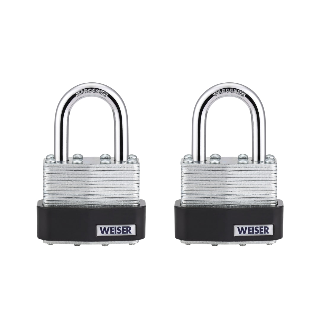 Weiser Laminated Steel Padlock with Hardened Steel Shackle, Outdoor Gate and Fence Lock, 1-3/4 in Body, 1-1/16 in Shackle, 2 Pack Keyed Alike, Silver