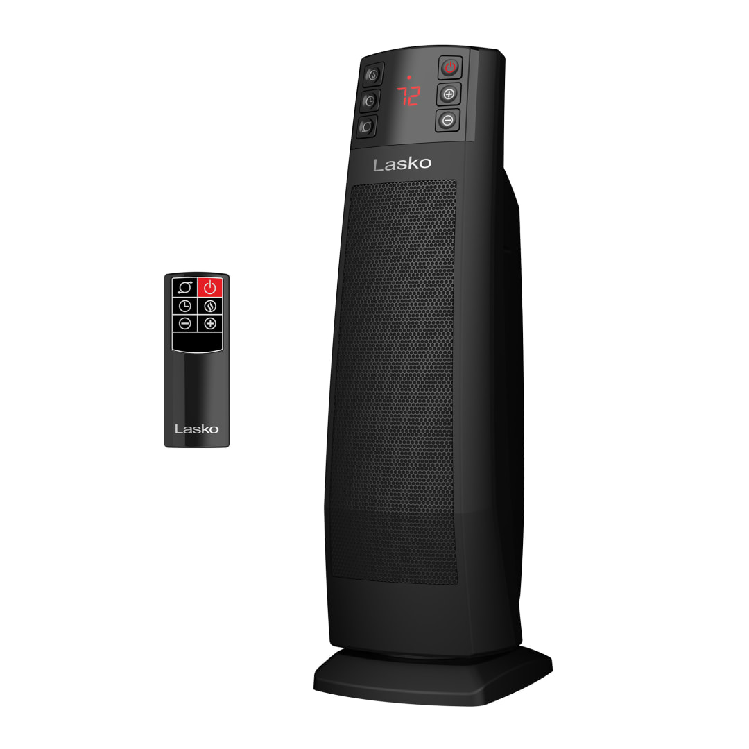 Lasko 22" Digital Ceramic Tower Space Heater with Auto Dimming Display, Tip-Switch and Remote Control, Black