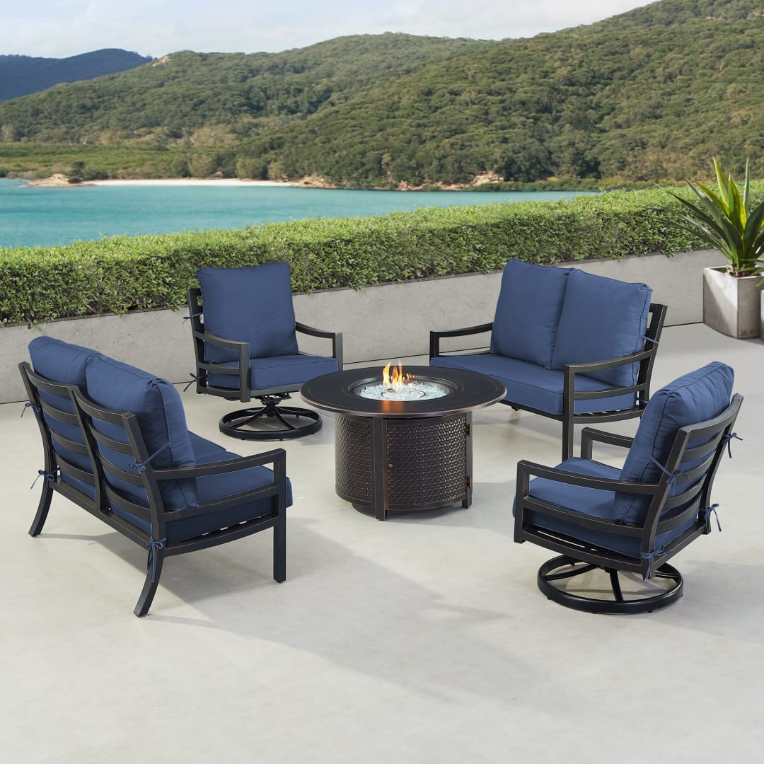 Black Aluminum Patio Fire Table Set with Two Deep Seating Loveseat with Cushions and Two Club Chairs