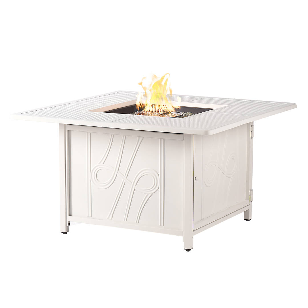 Square 42 in. x 42 in. Aluminum Propane Fire Pit Table with Glass Beads, Two Covers, Lid, 55,000 BTUs in White Finish