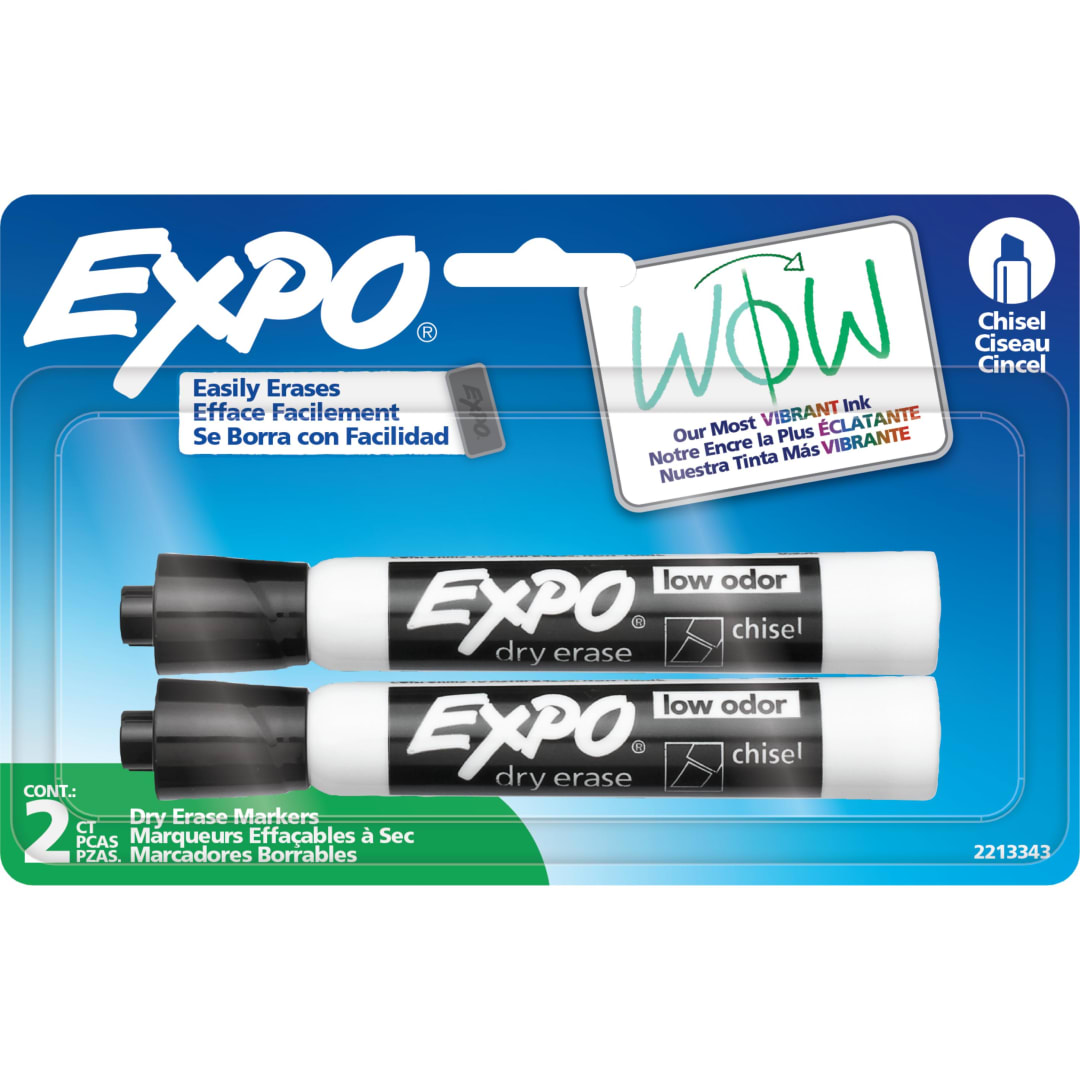 EXPO Dry Erase Markers, Low Odor Ink, Black, Chisel Tip, 2 Count