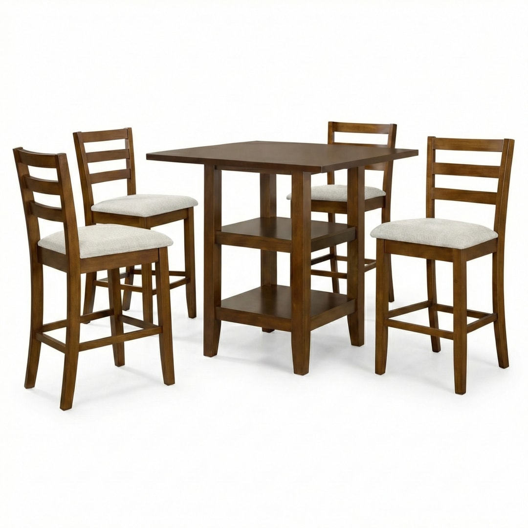 Modern 5-Piece 41.3 Inch Square Counter Height Dining Set, Dirty Oak Finish with Greige Polyester Upholstered Bar Stools, Solid Rubberwood