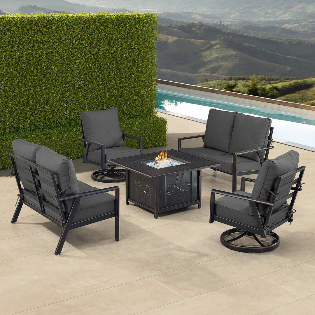 Black Aluminum Patio Fire Table Set with Two Deep Seating Loveseat with Cushions and Two Club Chairs