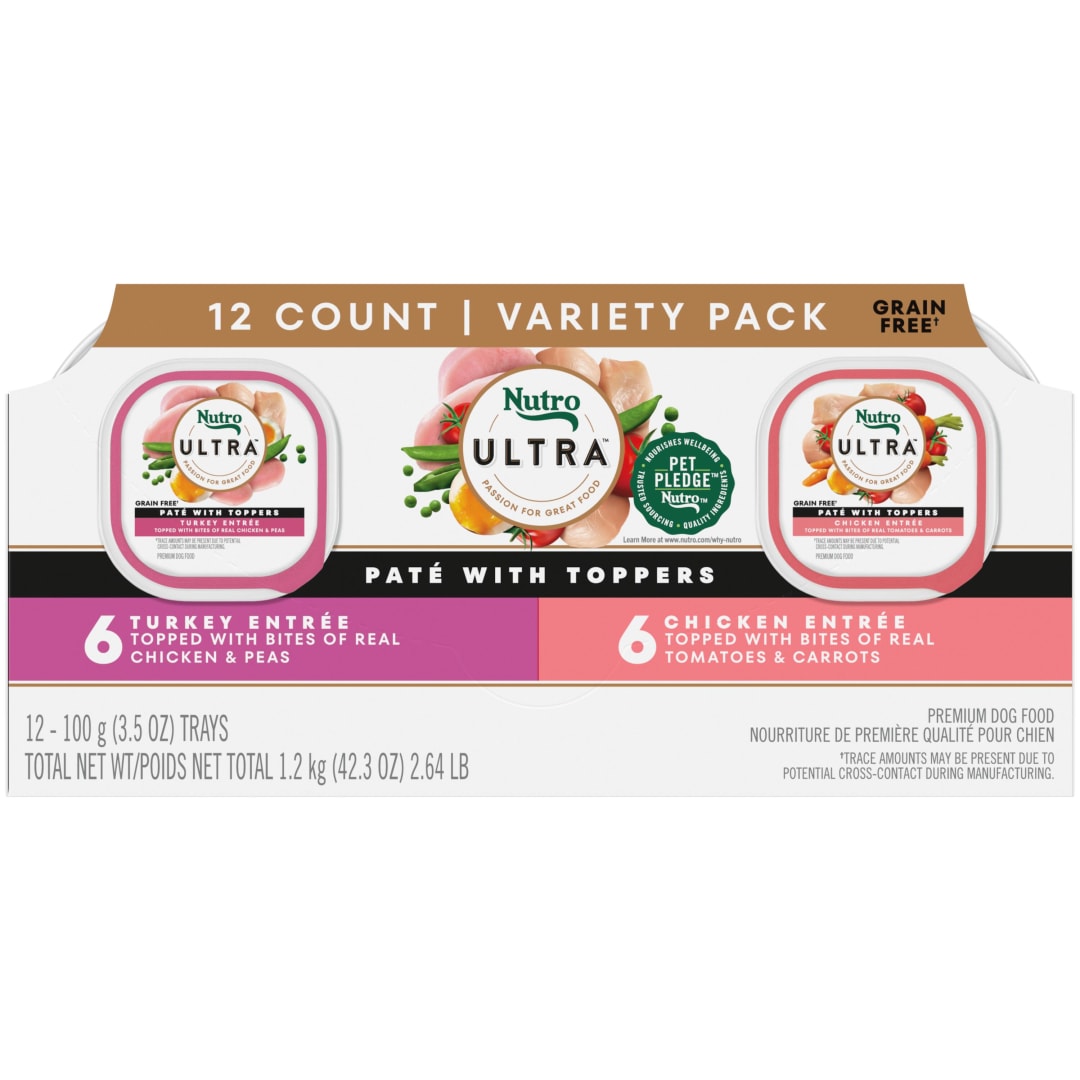 NUTRO ULTRA Adult Grain Free Soft Wet Dog Food, Variety Pack, Chicken Entrée Paté and Turkey Entrée Paté with Toppers, (12) 3.5 oz. Trays