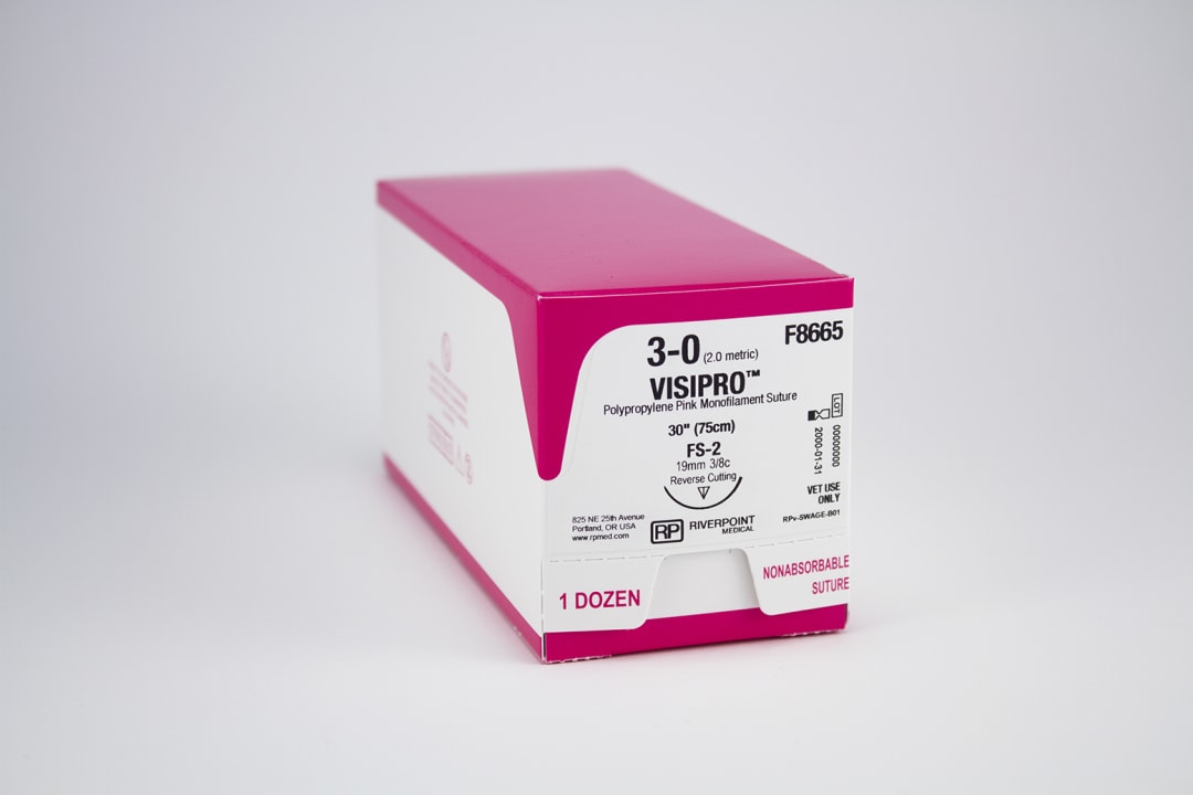 VisiPro PP Suture, USP 3-0 with 19mm FS-2 Reverse Cutting 3/8 Circle Needle, Fluorescent Pink, 75cm, Sterile