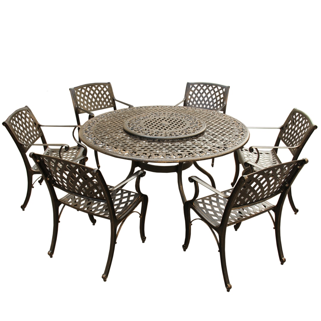 Ornate Traditional and Modern Contemporary Outdoor Mesh Lattice Aluminum 59 inch Bronze Round Dining Set with Lazy Susan and Six Chairs