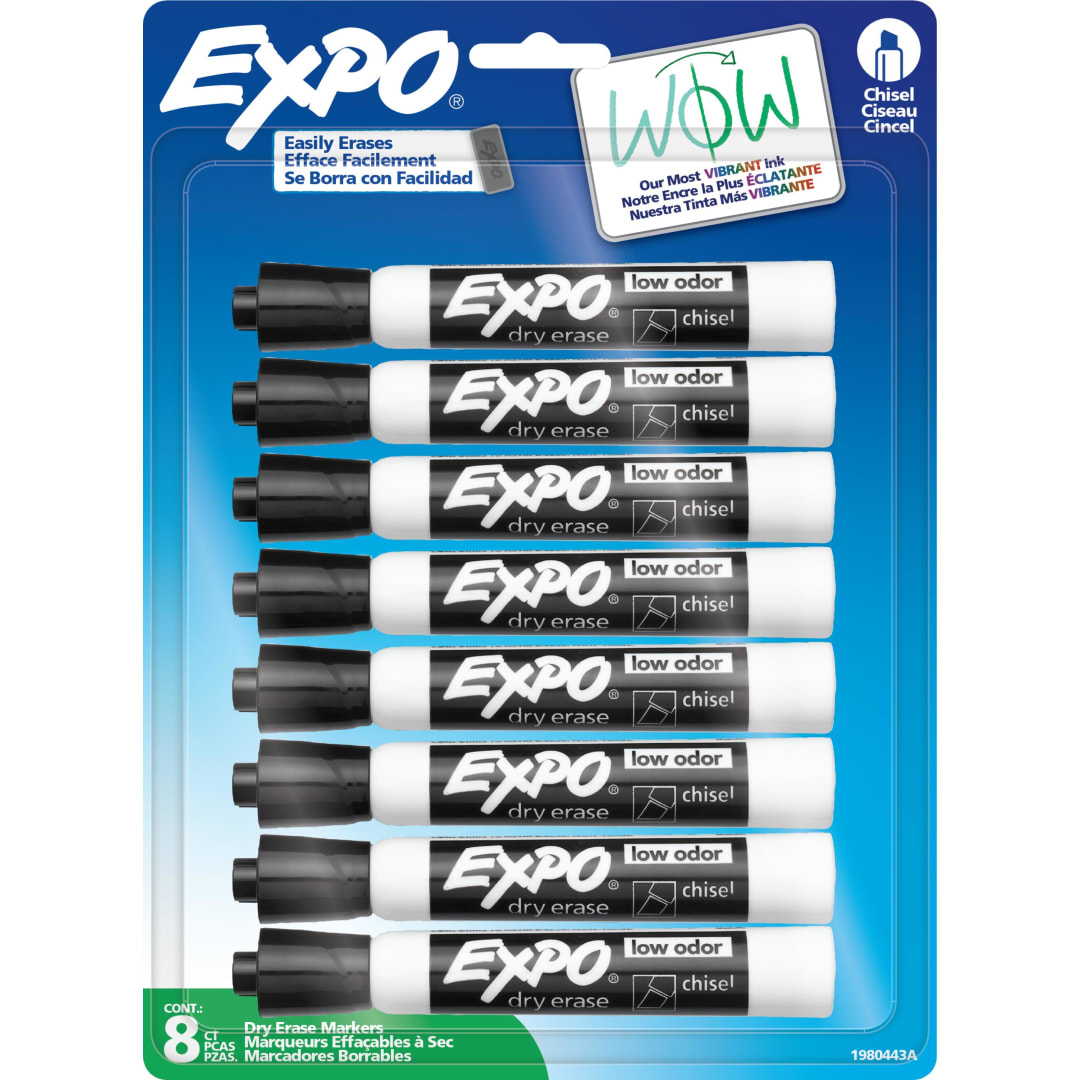 EXPO Dry Erase Markers, Low Odor Ink, Black, Chisel Tip, 8 Count