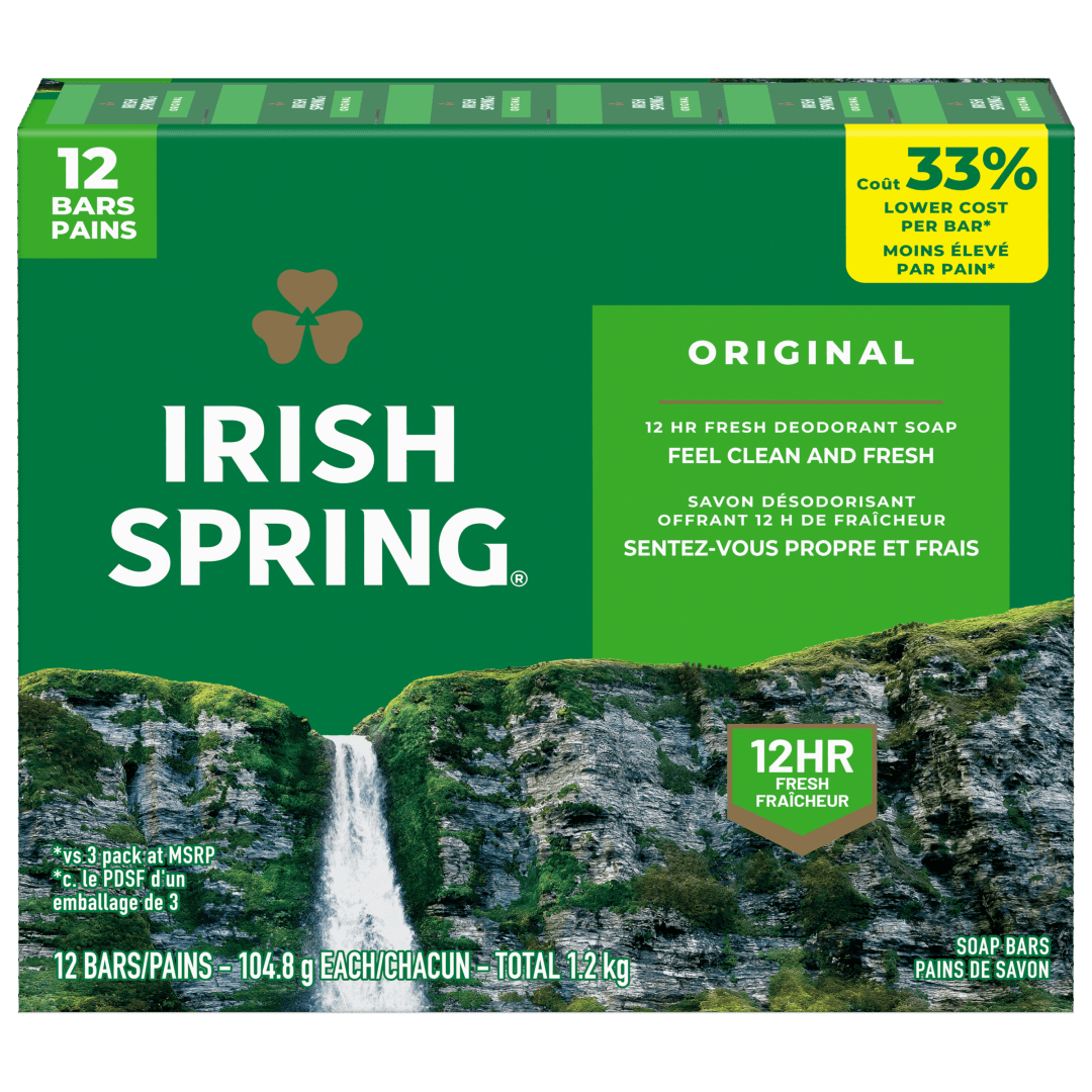 Pain de savon désodorisant Irish Spring Original pour homme, Avec huile de lin, Savon désodorisant offrant 12 heures de fraîcheur, Pain de 104,8 g (lot de 12)
