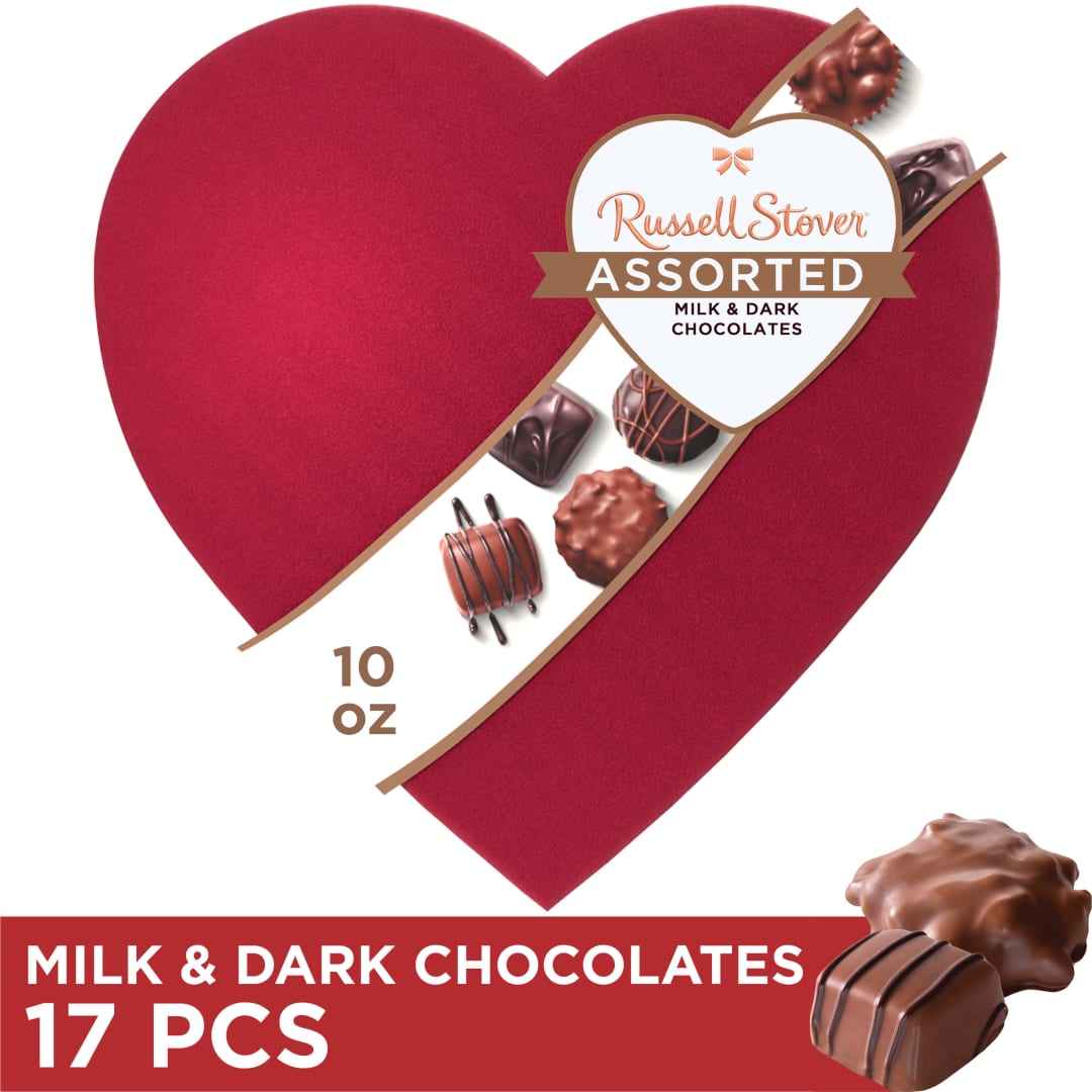 RUSSELL STOVER Valentine's Day Satin Heart Assorted Milk & Dark Chocolate Candy Gift Box, 10 oz.