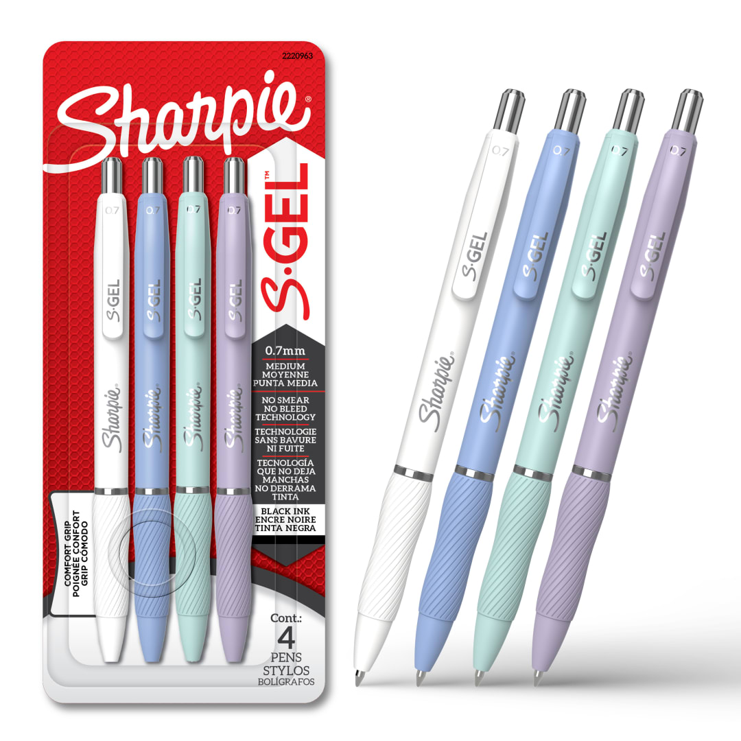 Sharpie S-Gel, Gel Pens, Medium Point (0.7 mm), Assorted Fashion Barrels, Black Ink, 4 Count