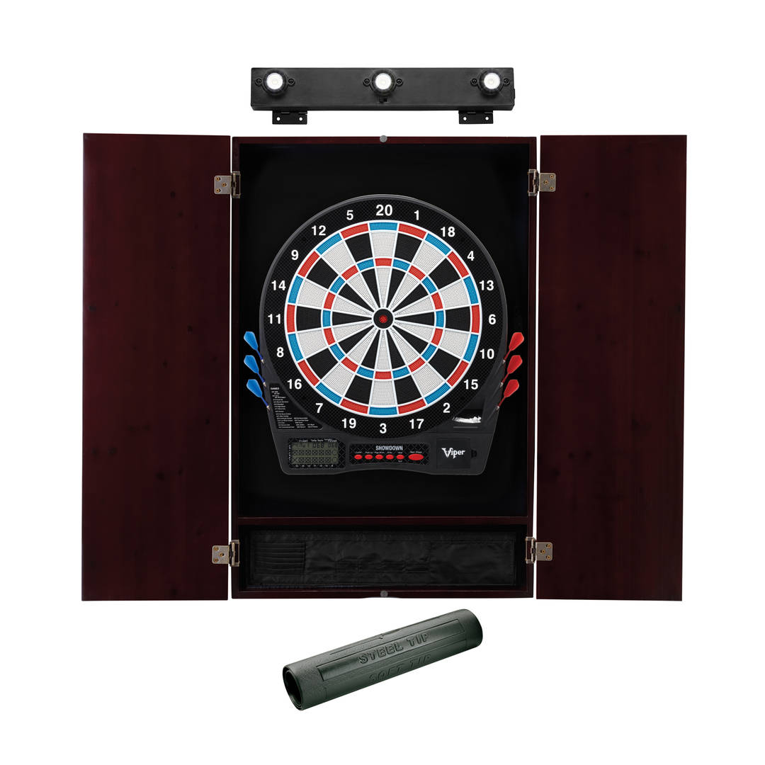 Viper Showdown Electronic Dartboard, Metropolitan Mahogany Cabinet, Padded Dart MAt & Shadow Buster Dartboard Lights