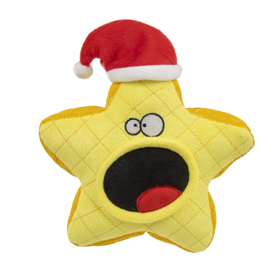 goDog Holiday Collection Mixed Materials TPE Plush Holiday Star Squeaky Dog Toy with Chew Guard Technology, Yellow