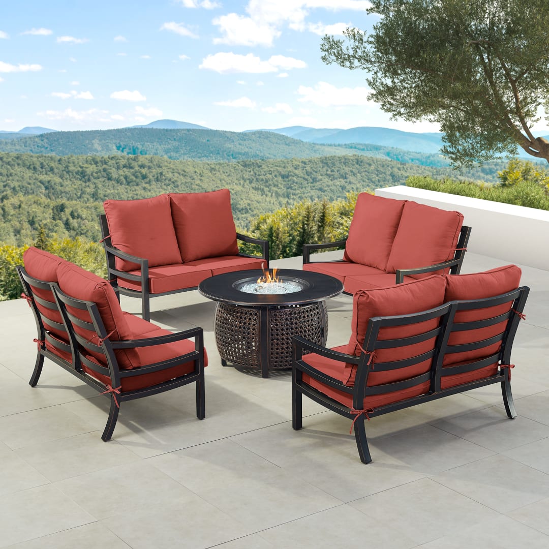Black Aluminum Patio Fire Table Set with Four Deep Seating Loveseat with Cushions