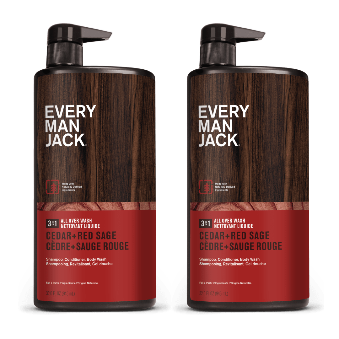 Every Man Jack Men’s Cleansing 3-in-1 All Over Wash for All Skin and Hair Types - Cleanse and Nourish Skin and Hair with Naturally Derived Soy Proteins, Aloe, and a Cedar + Red Sage Scent -32 fl.oz - 2 Bottles