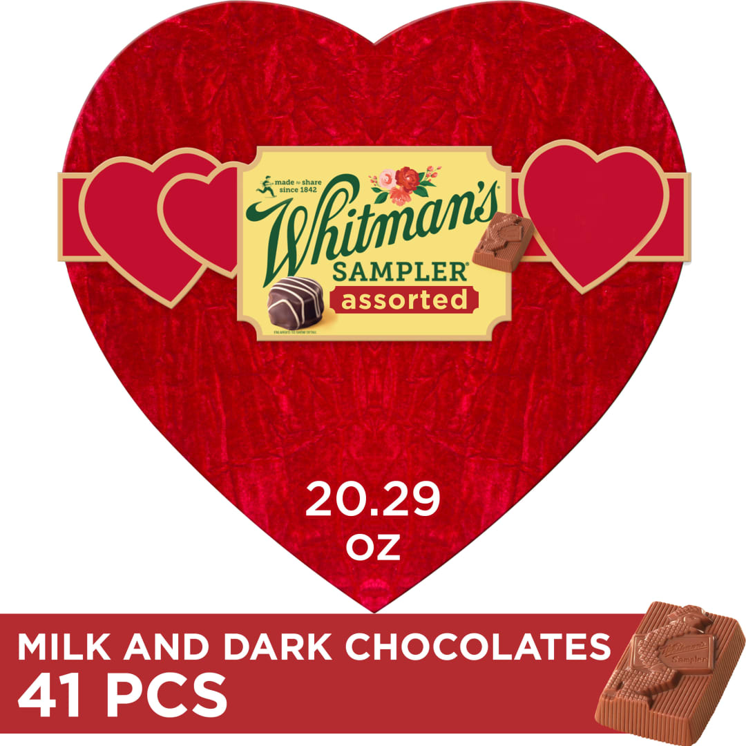 WHITMAN'S SAMPLER Valentine's Day Red Velvet Heart Assorted Milk &amp; Dark Chocolate Candy Gift Box, 20.29 oz.