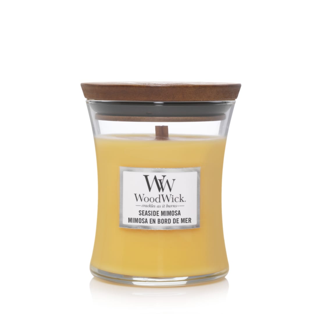 WoodWick vela perfumada mediana en forma de reloj de arena con Pluswick InnovationMimosa costera