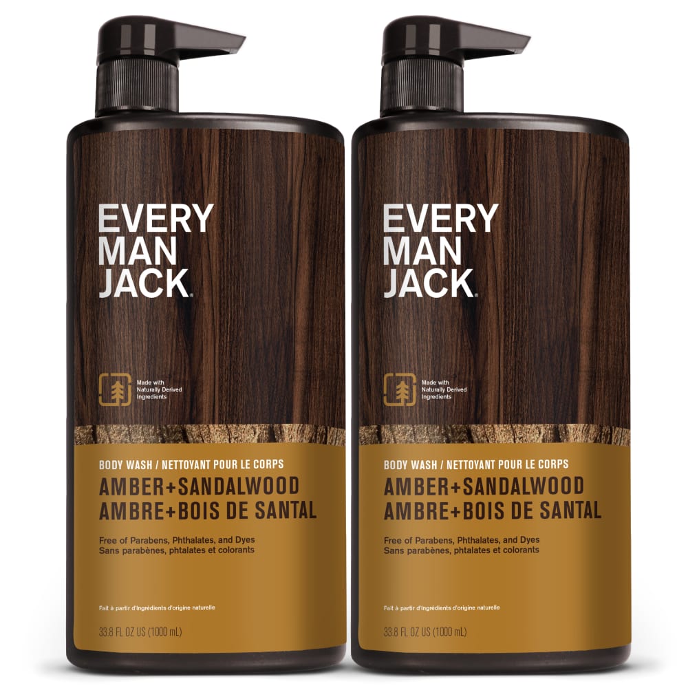 Every Man Jack Nourishing Amber + Sandalwood Mens Body Wash for All Skin Types - Cleanse, Nourish, and Hydrate Skin with Naturally Derived Coconut, Glycerin - 33.8 fl oz - 2 Bottles