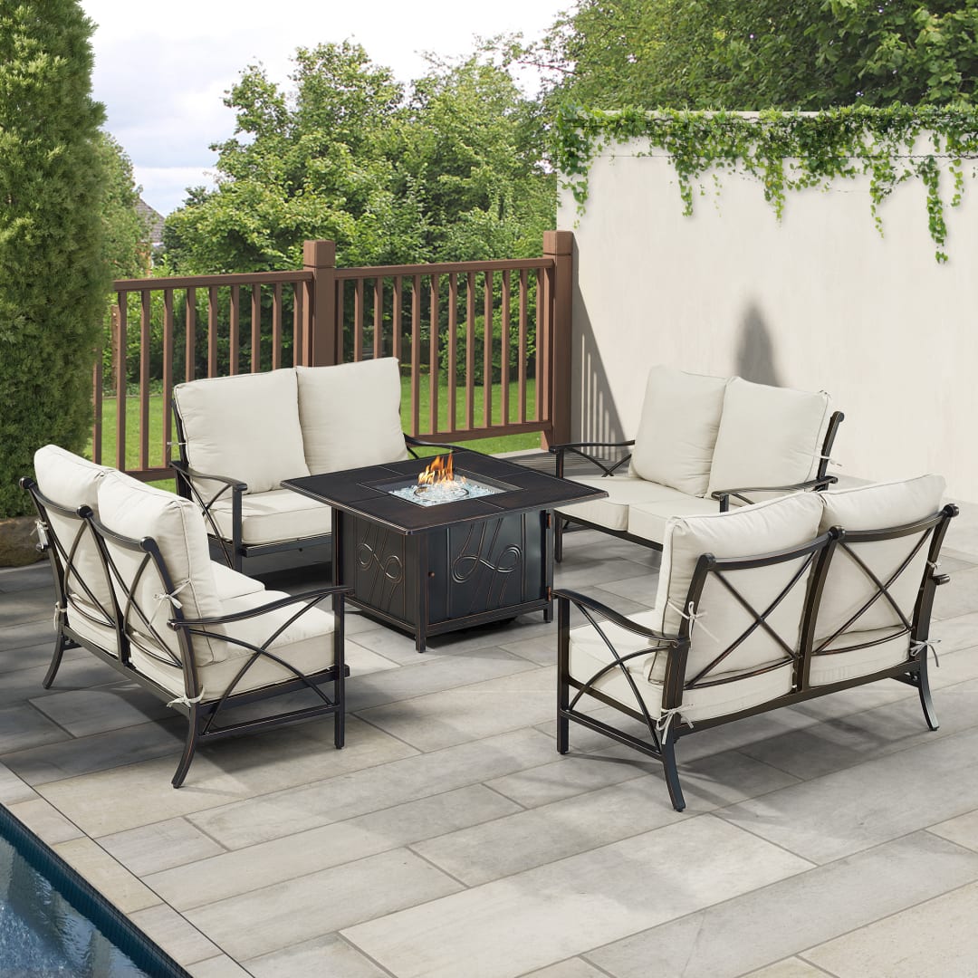 Black Aluminum Patio Fire Table Set with Four Deep Seating Loveseat with Cushions