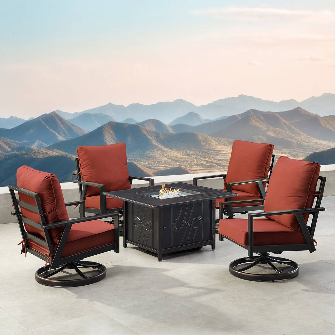 Black Aluminum Patio Fire Table Set with Four Club Chairs