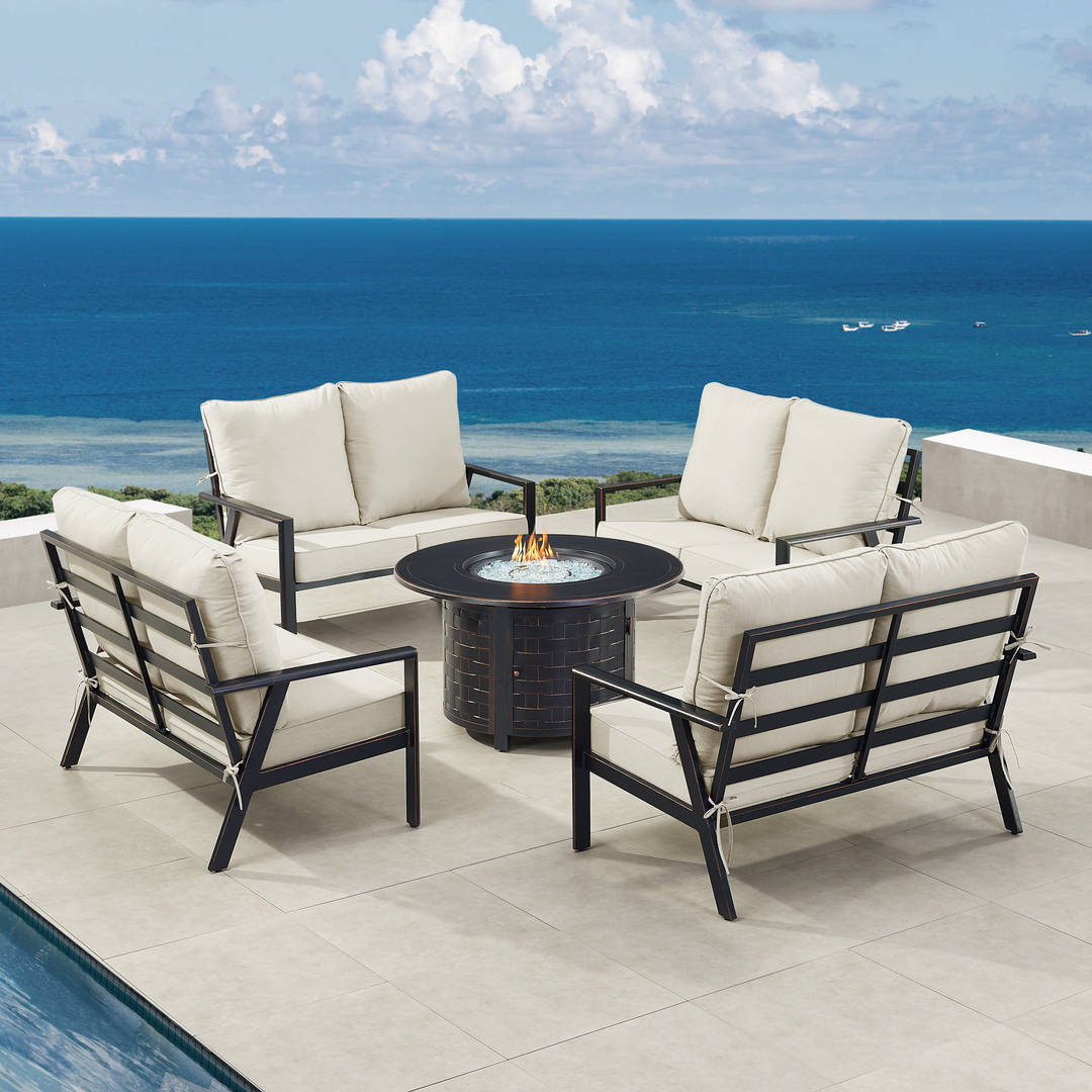 Black Aluminum Patio Fire Table Set with Four Deep Seating Loveseats with Cushions