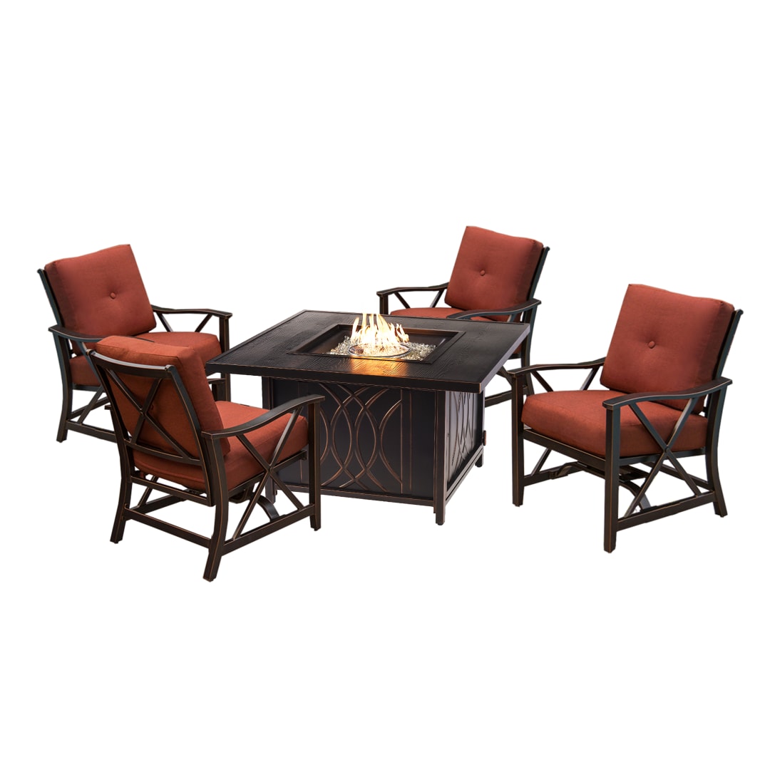 Aluminum 42-in Square Antique Copper Fire Table Set with Four Deep Seating Rocking Chairs, Fire Beads, Lid, Propane Tank Cover and Table Fabric Covers