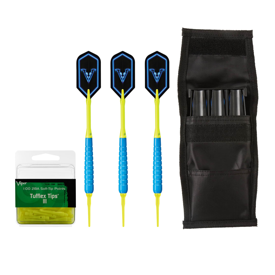Viper V Glo Soft Tip 18gm Blue, Casemaster Single Black Dart Case, and Viper 2BA Tufflex Tips III- Neon Yellow 100ct. Box
