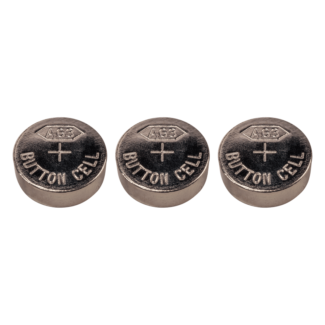 Includes three AG3 button batt