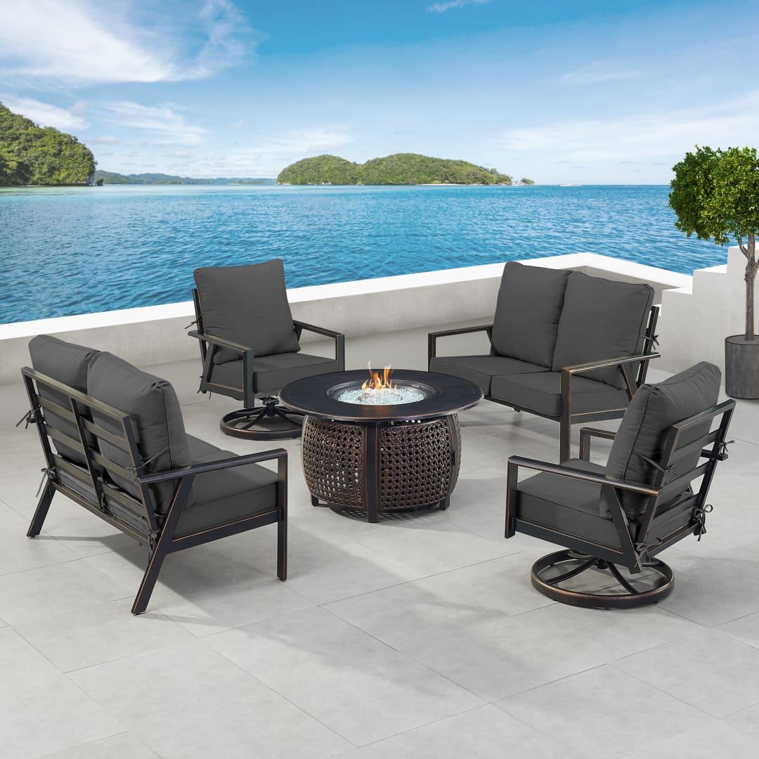 Black Aluminum Patio Fire Table Set with Two Deep Seating Loveseat with Cushions and Two Club Chairs